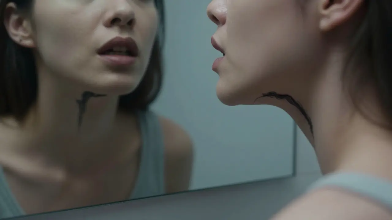 Člověk se dívá do zrcadla a vidí černý proužek šířící se z úst k krku.