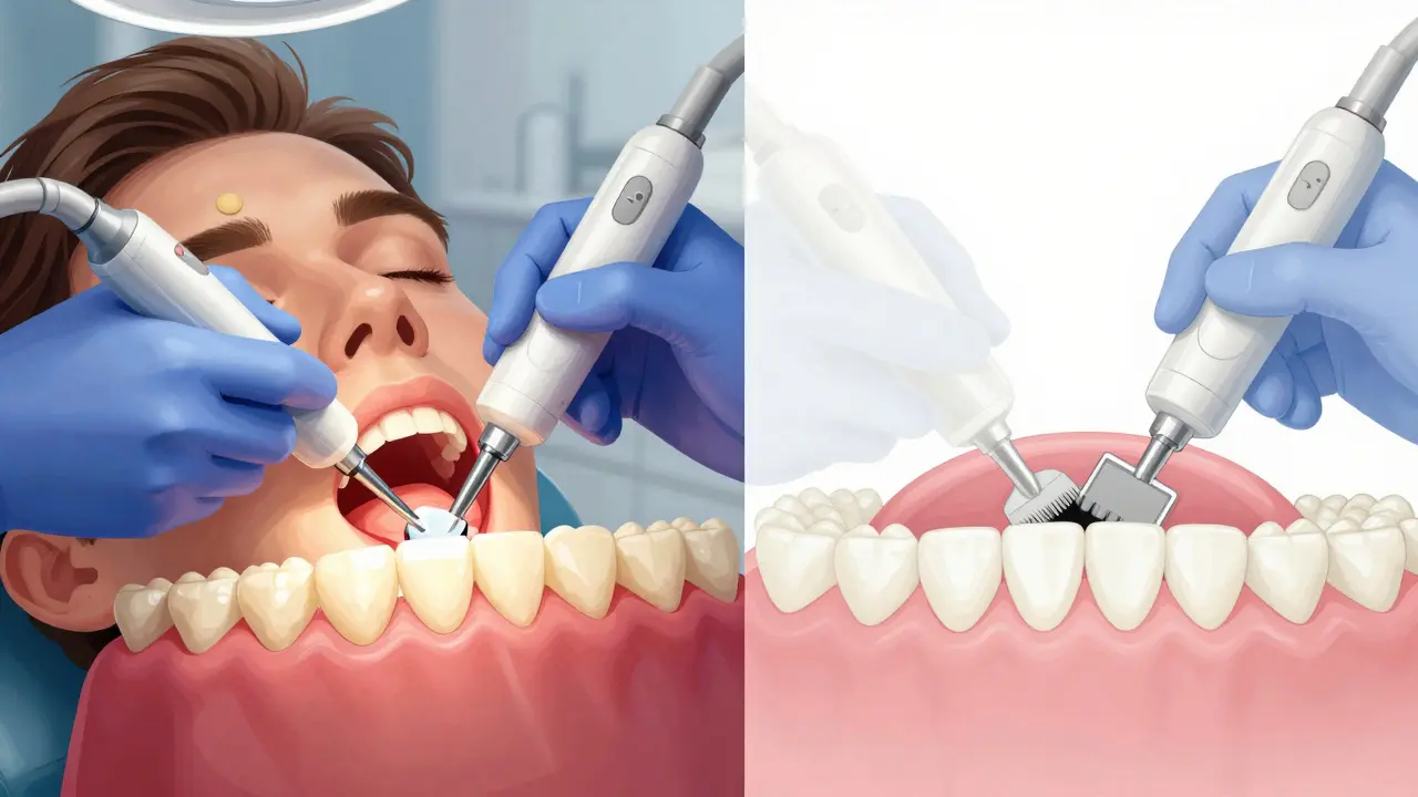 Contrasting images of proper versus inadequate periodontal treatment.