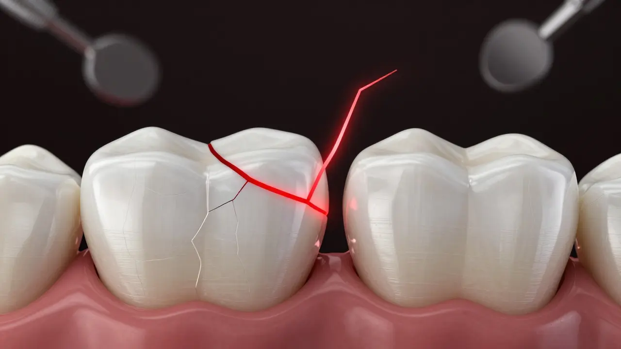 Cracked ceramic veneer with fracture line extending to the tooth, contrasted with a healthy one.
