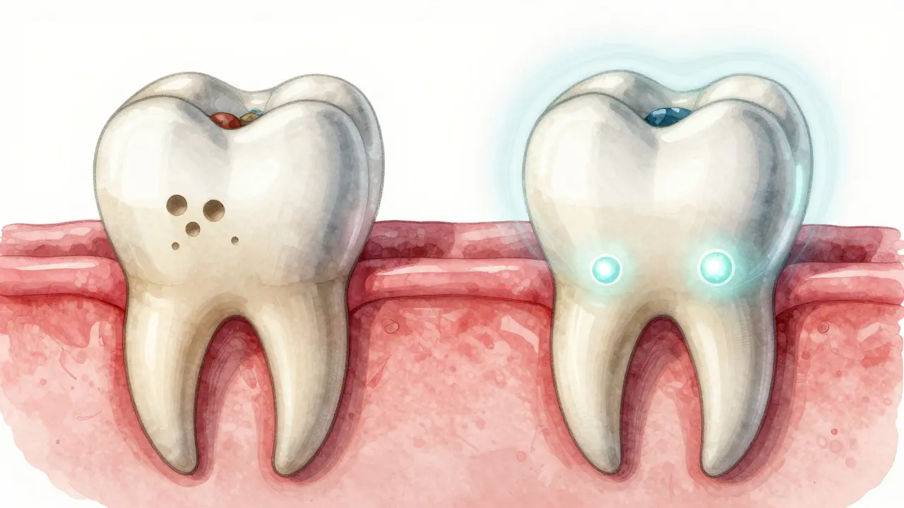 Cross-section of a tooth showing enhanced enamel layer after fluoride treatment.