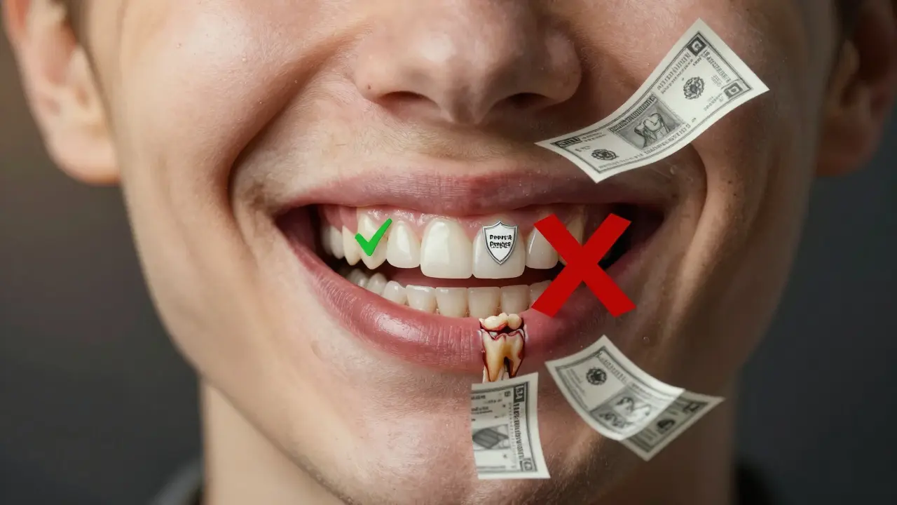 Dvě části úsměvu: zdravé zuby s prevencí a poškozené zuby s náklady na léčbu.