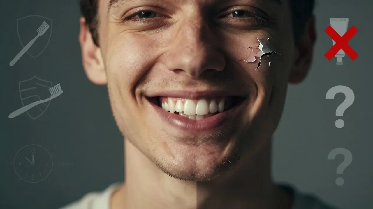 Dvojitý portrét s jednou stranou zdravého úsměvu a druhou stranou s varováním před neúčinnou pastou.