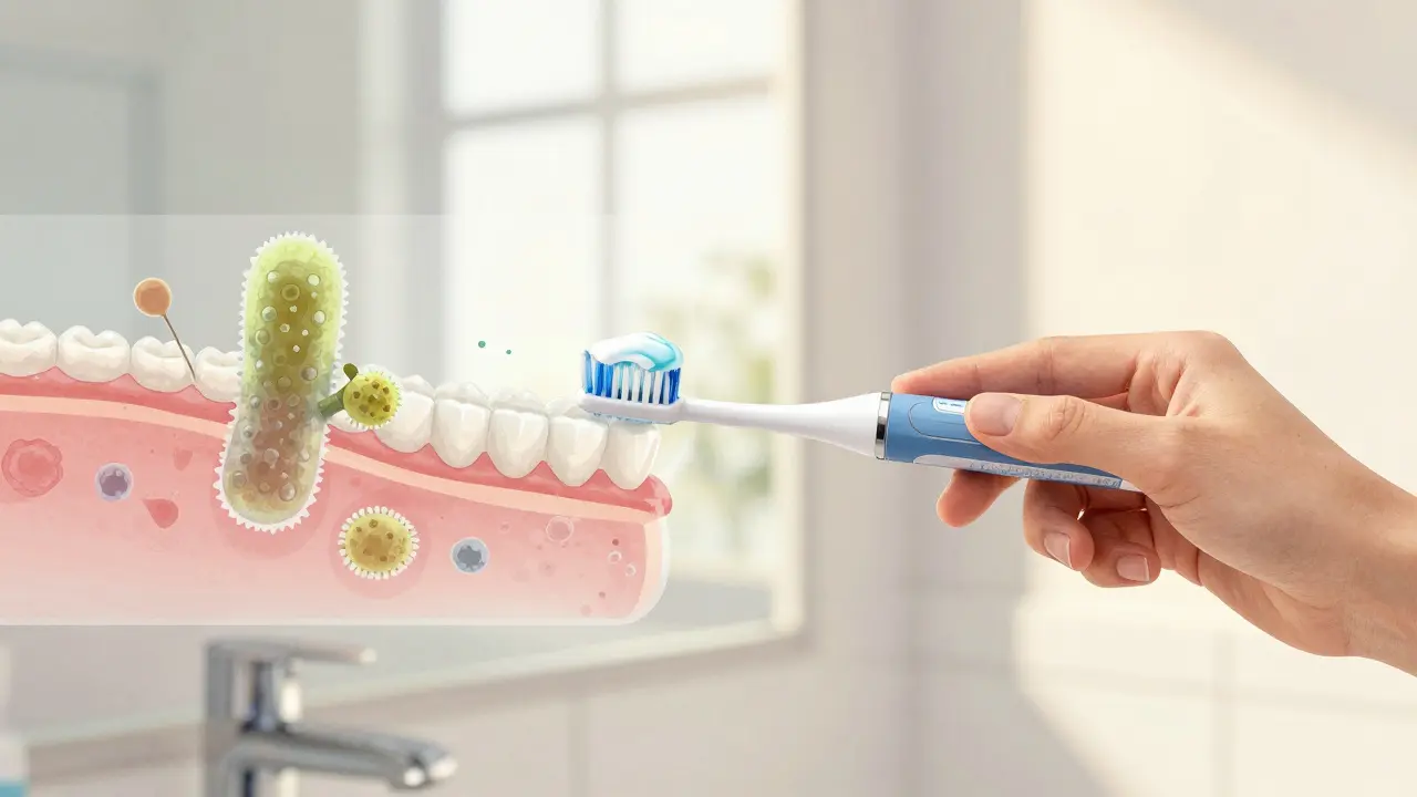 Elektrický štětec s fluoridovou pastou čistí zuby, symbolizující prevenci zubního kamene.