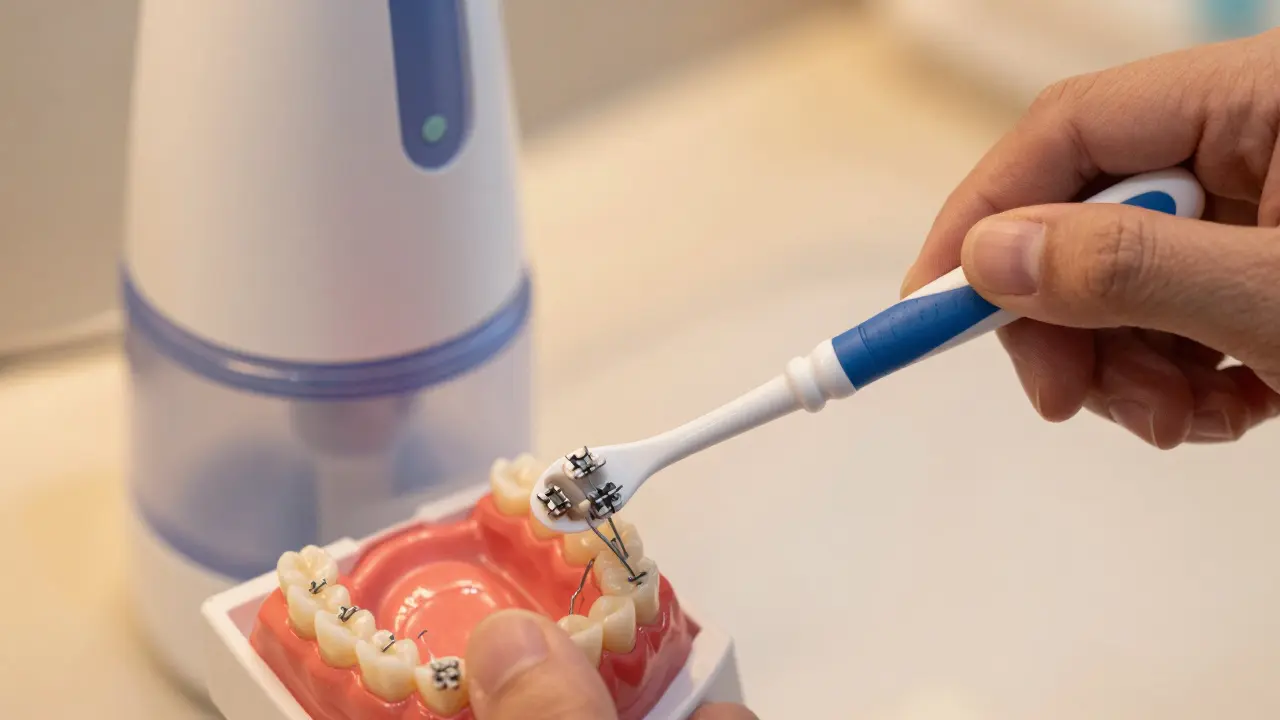 Interdentalní kartáček a vodní flosser čistí mezery kolem rovnátek.