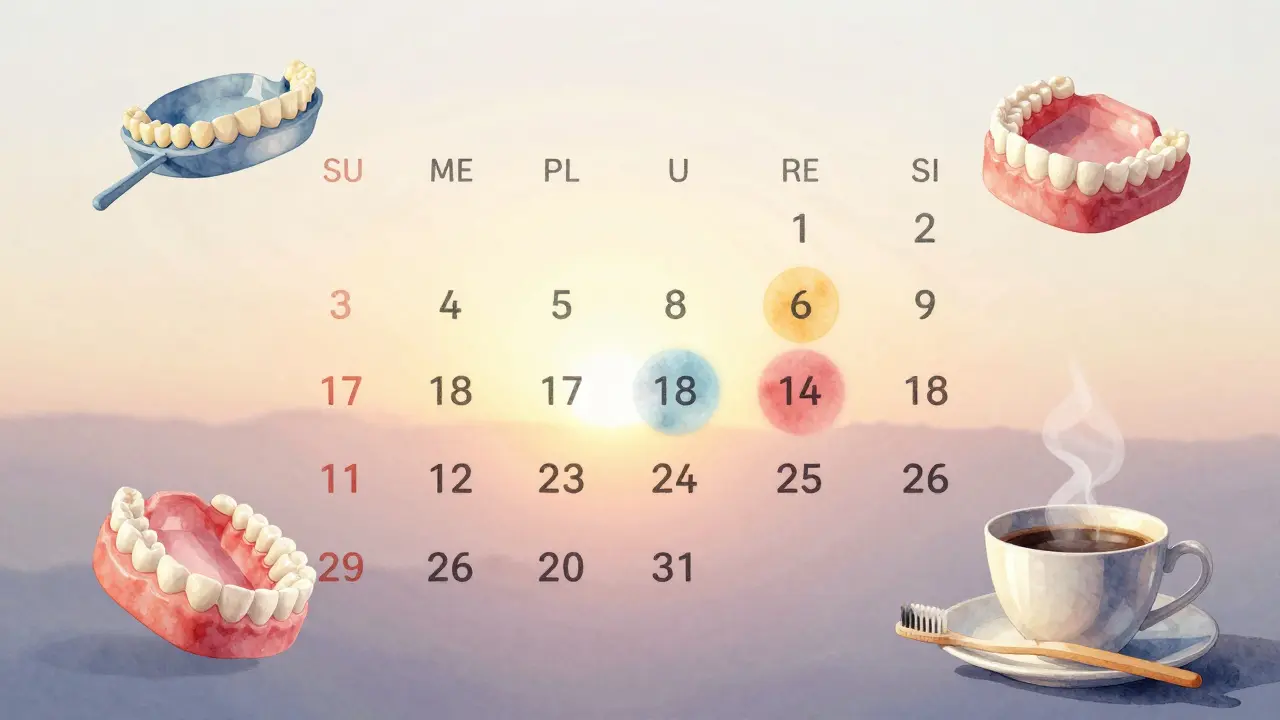 Kalendářový cyklus bělení zubů s vyznačenými dny aplikace a odpočinku.