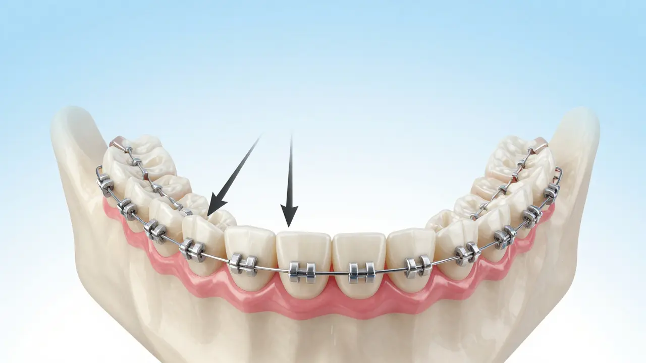 Kostra čelisti s vysvětlením příčin a řešení mezery mezi zuby.