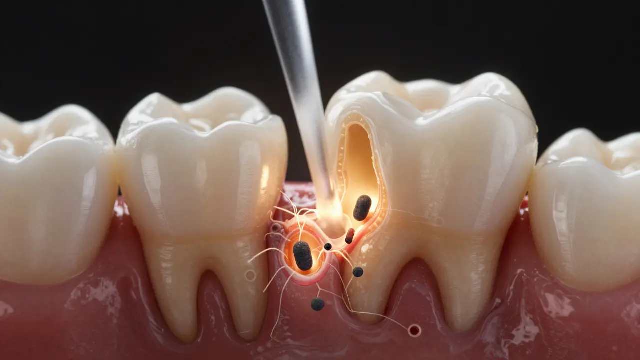 Mikroskopický pohled na hojení dásně po odstranění zubního kamene.