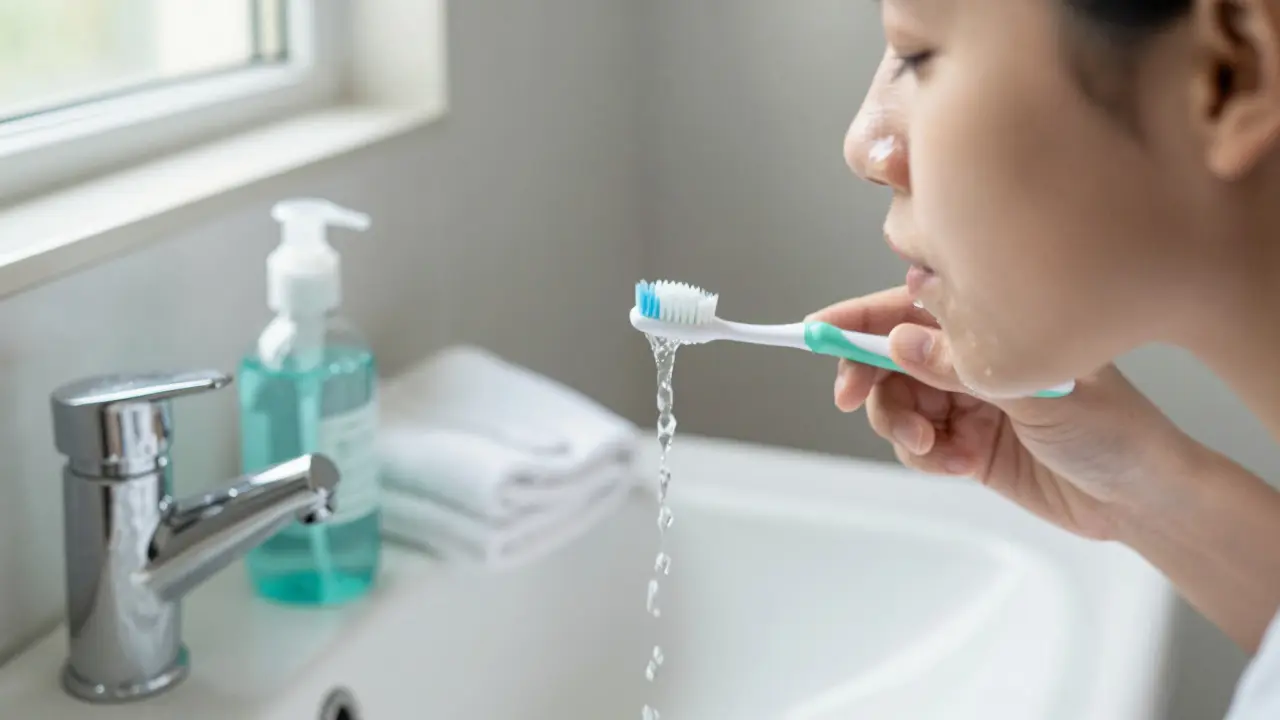 Osoba pečlivě čistí zuby měkkým štětcem po implantaci.