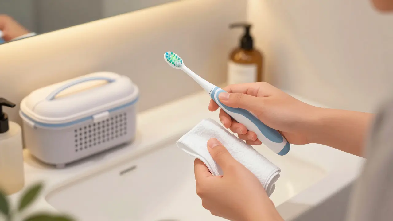 Osoba suší hlavici sonického kartáčku suchým hadříkem