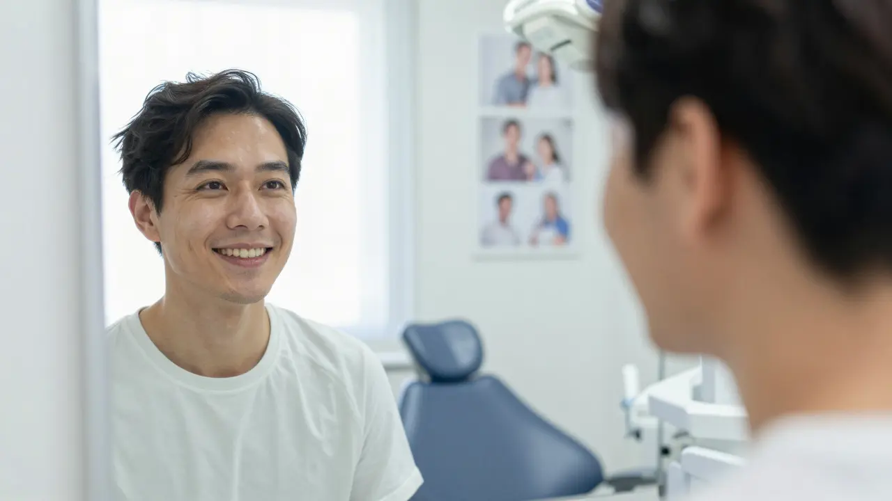 Pacient se zadíval do zrcadla po operaci, když objevil svůj nový vzhled a sebejistotu.