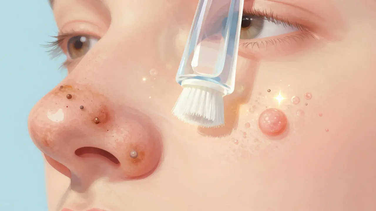 Porovnání znečištěných pórů a čisté pokožky po použití sonického kartáčku.