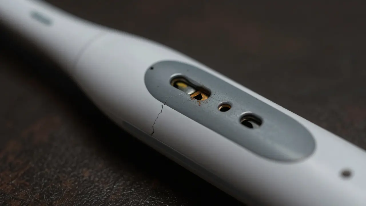 Poškozený sonický kartáček s trhlinami a korozi na náboji