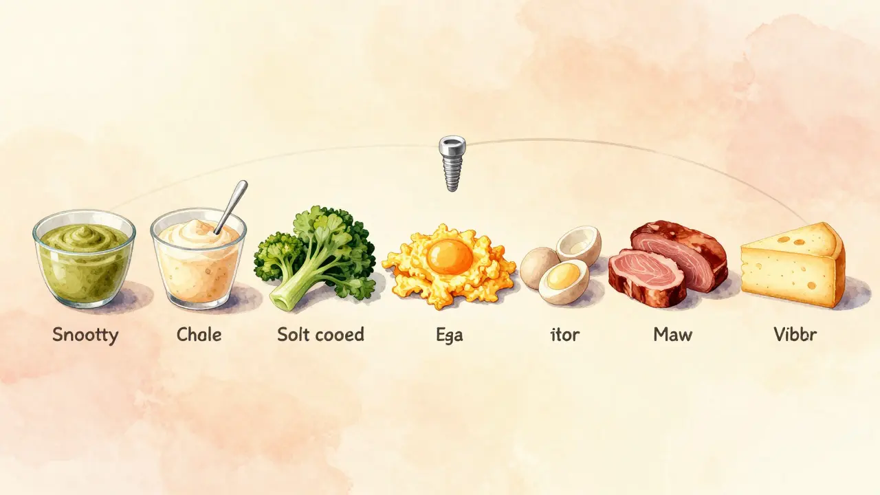 Postupný přechod potravin po implantaci: hladké, měkké a mírně tvrdé jídlo.