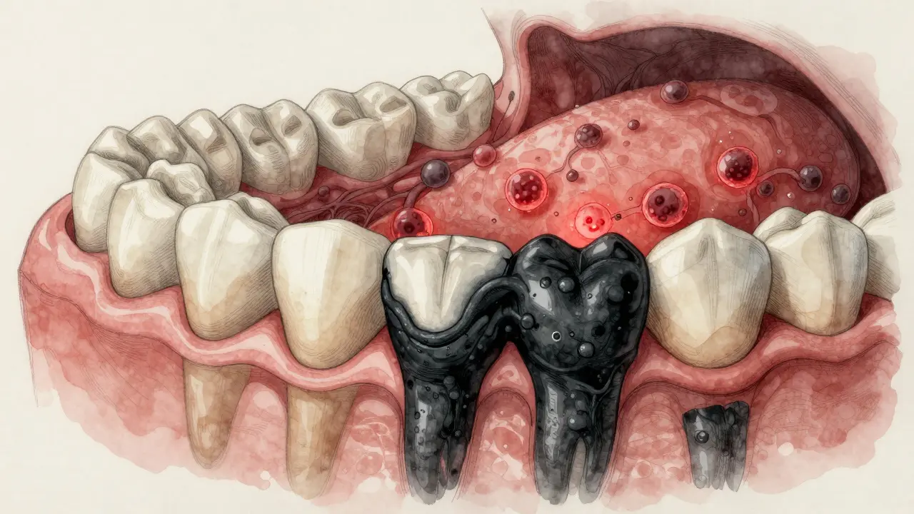 Přehled zubů a dásní s černým kamenem a viditelnými bakteriemi šířícími se k krku.