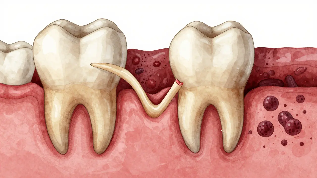 Příčný řez čelistí ukazující šikmo rostoucí osmici tlačící na sousední zub.