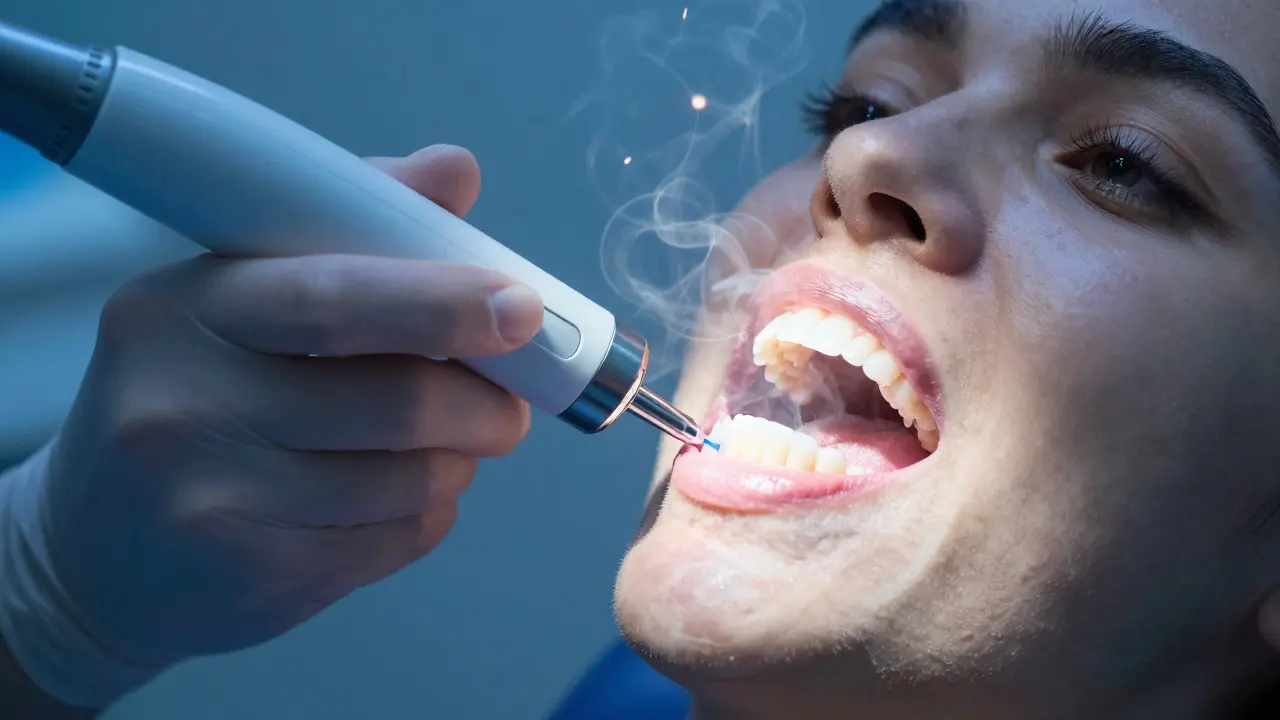 Profesionální laserové bělení zubů s aplikací gelu a laserovým paprskem v ordinaci.