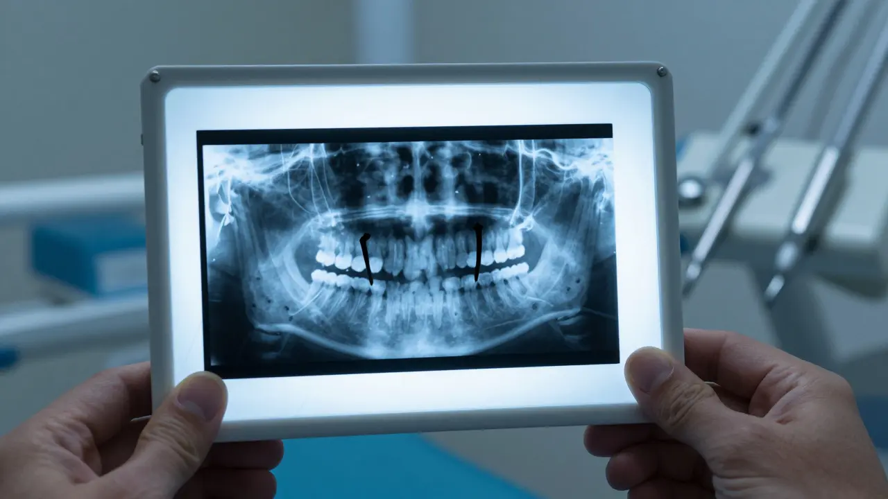 Rentgenový snímek čelisti s viditelnými zakrytými osmickými zuby.