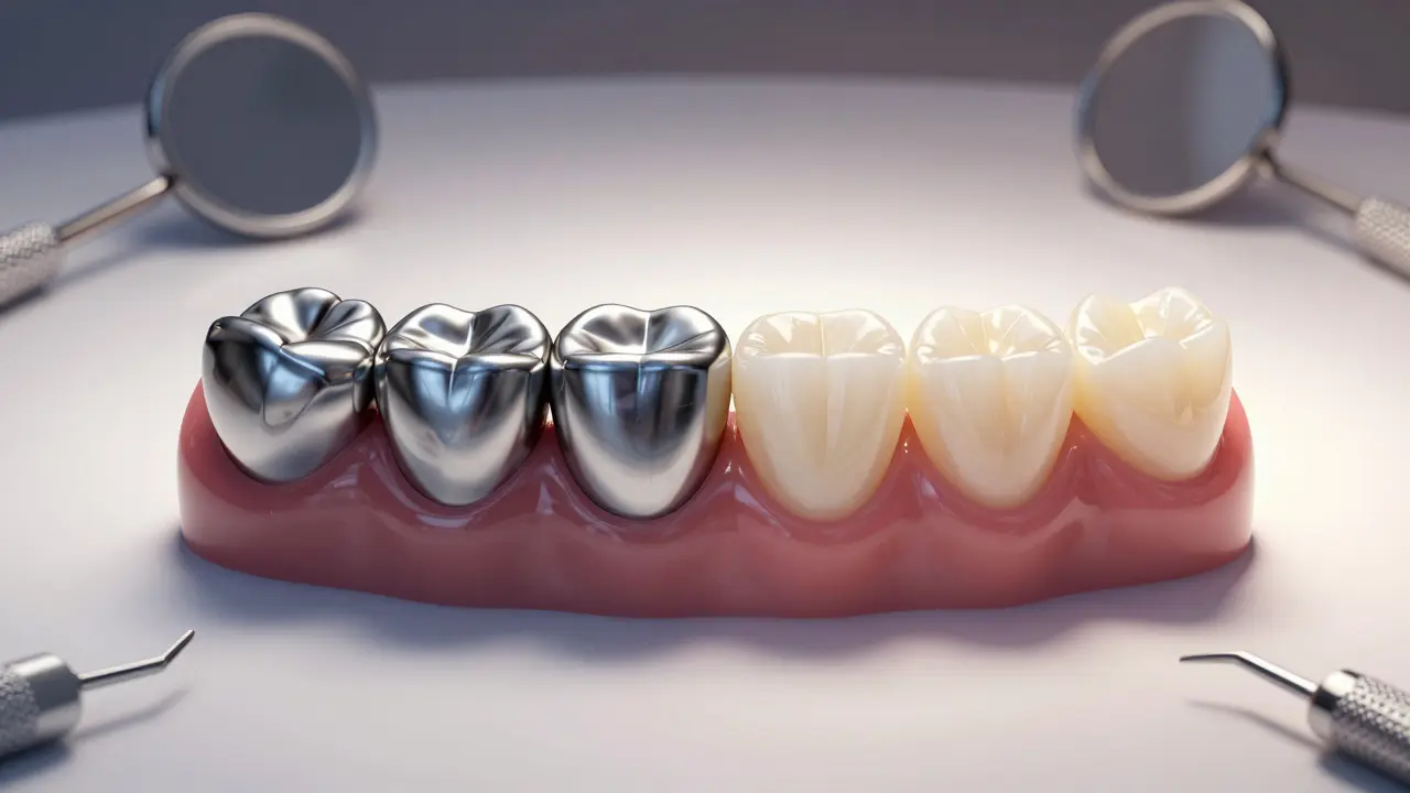 Side-by-side comparison of metal-ceramic and all-ceramic dental crowns with visible material differences.
