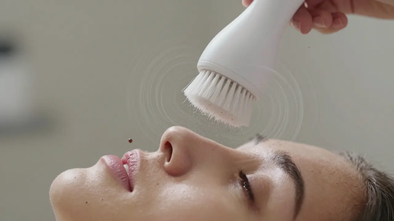 Sonický kartáček v pohybu odstraňuje nečistoty z pokožky jako viditelné částice.