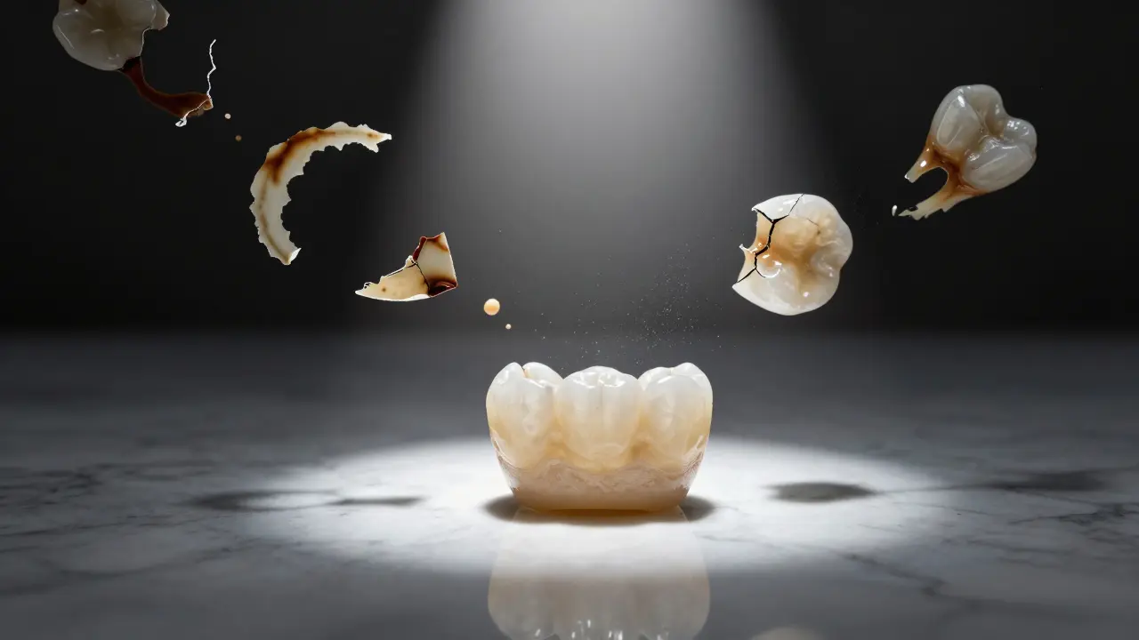 Tenká keramická fazeta na mramorové ploše, kolem ní se rozplynou stíny skvrn a poškození zubů.