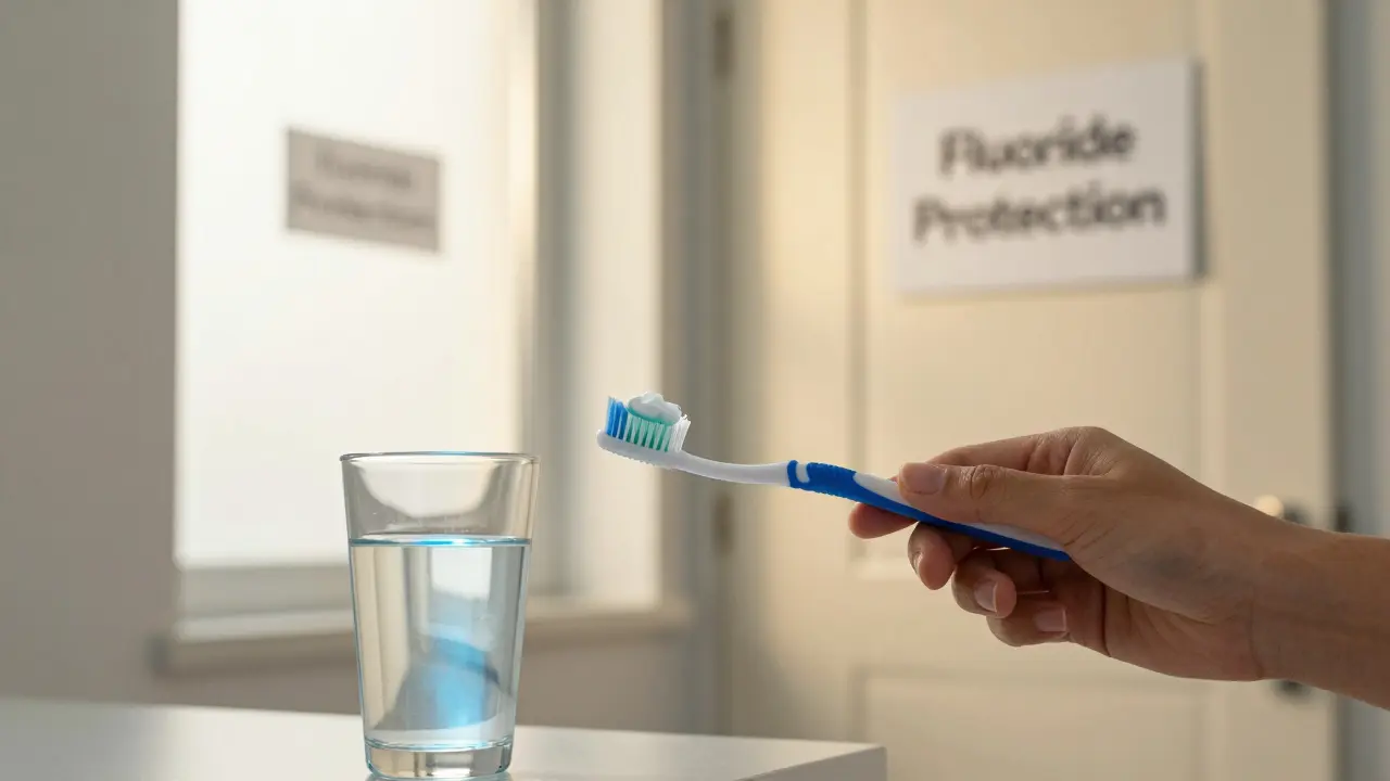 Toothbrush with fluoride paste beside water, symbolizing natural protection for teeth.
