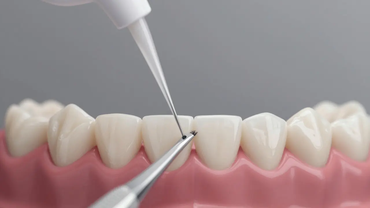 Ultra tenké mezizubní kartáčky čistí mezery mezi keramickými fazetami.