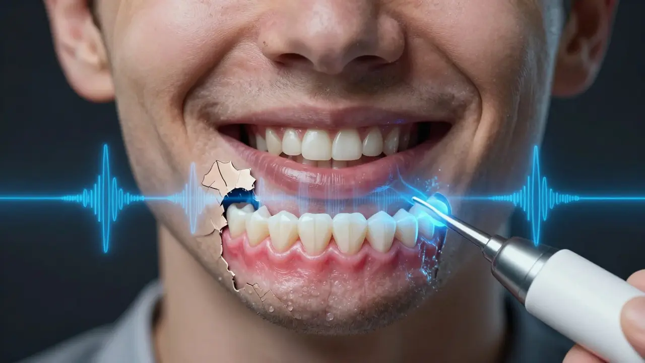 Ultrazvukové čištění odstraňuje zubní kámen, zatímco zuby obnovují hladký povrch.