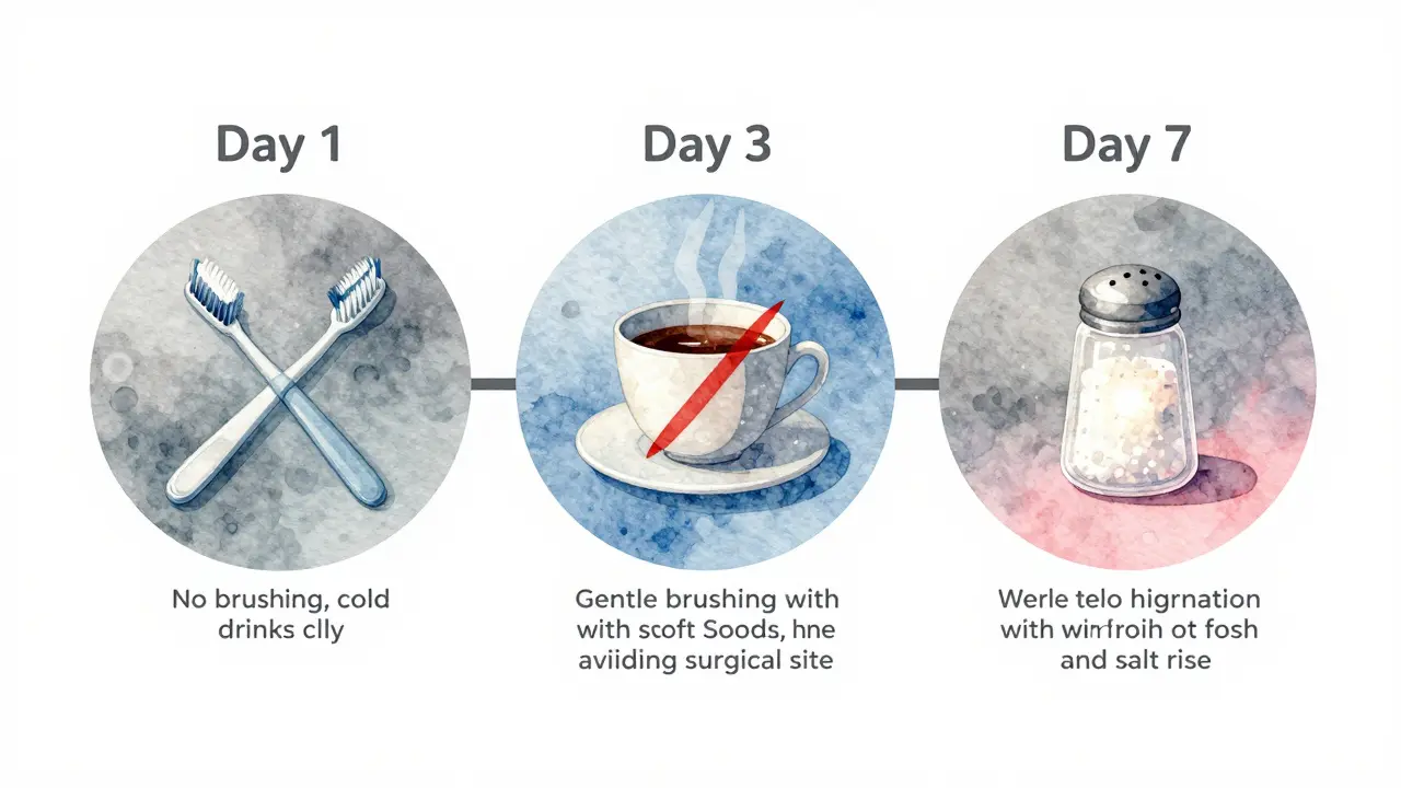 Vizualizace průběhu hojení po kyretáži: od klidu po obnovu hygieny.