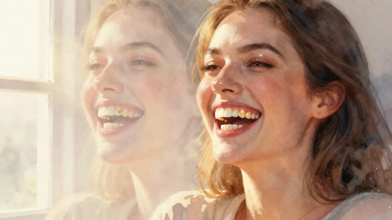 Žena se směje, její zuby vypadají přirozeně a zdravě, zatímco staré zuby se rozplynou v záři slunce.