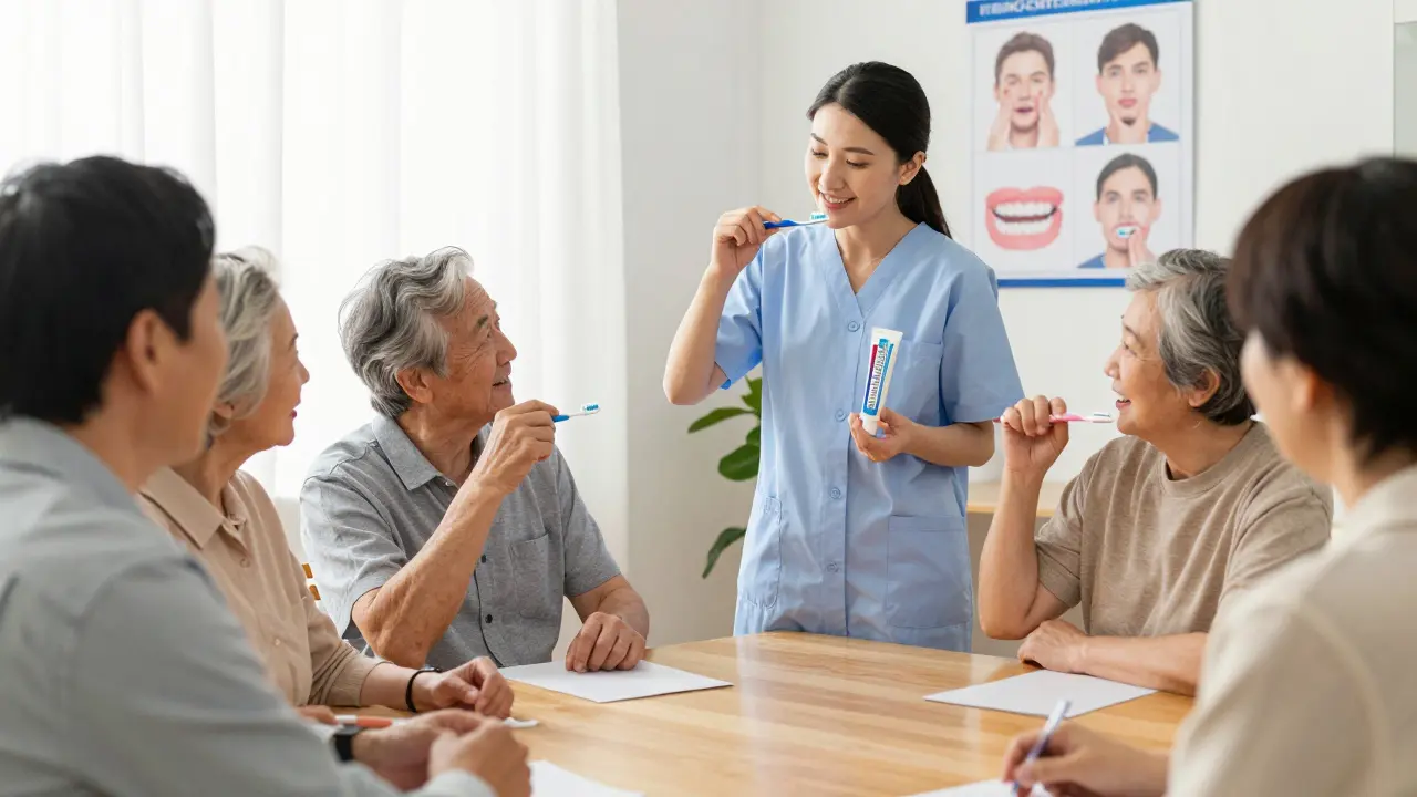 Zubní hygienistka vede výuku pro seniory v domově pro důchodce.