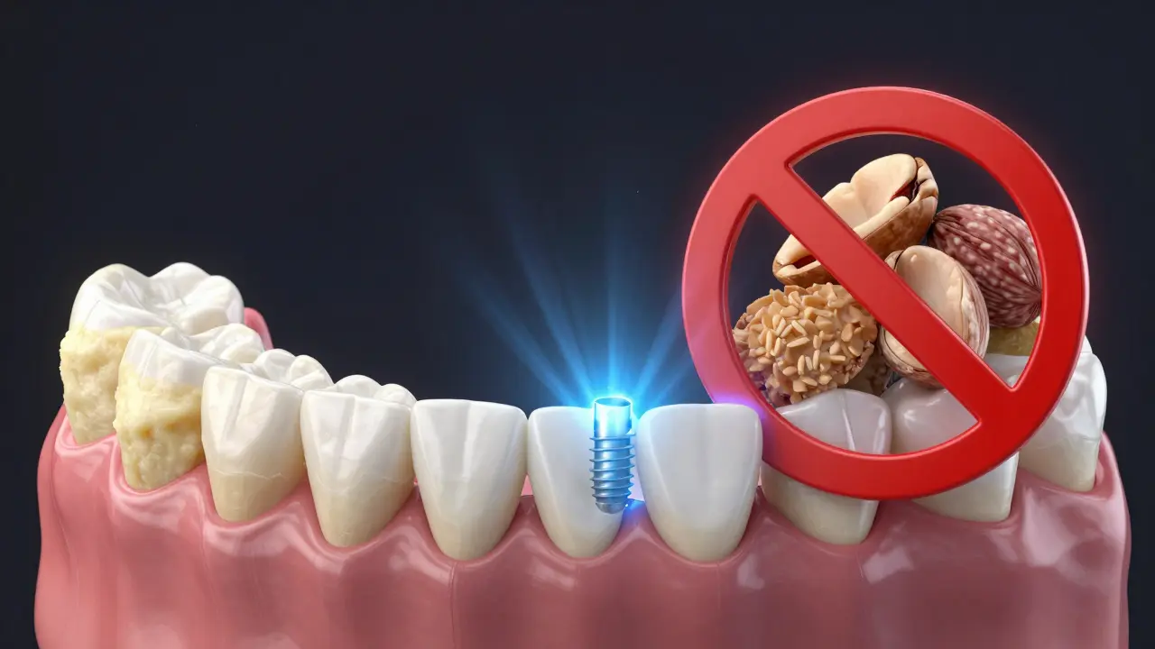 Zubní implantát chráněný měkkými potravinami, tvrdé jídlo zakázáno.