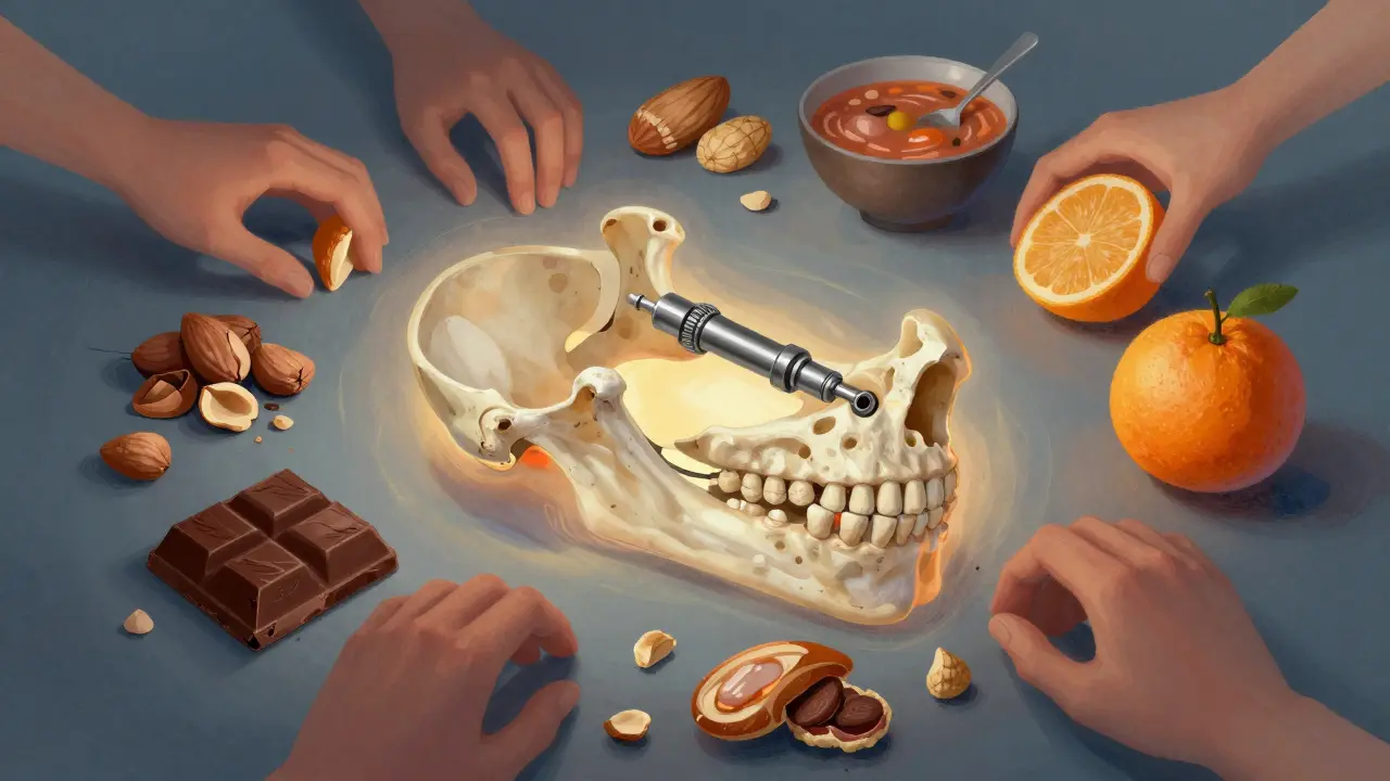 Zubní implantát v kosti s okolními potravinami, které by měly být vynechány.