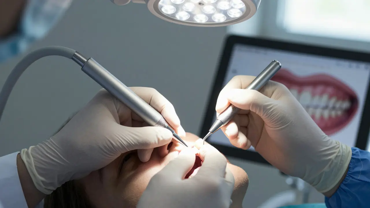 Zubní lékař přilepuje tenkou keramickou fazetu na zub s přesnými nástroji v moderní klinice.