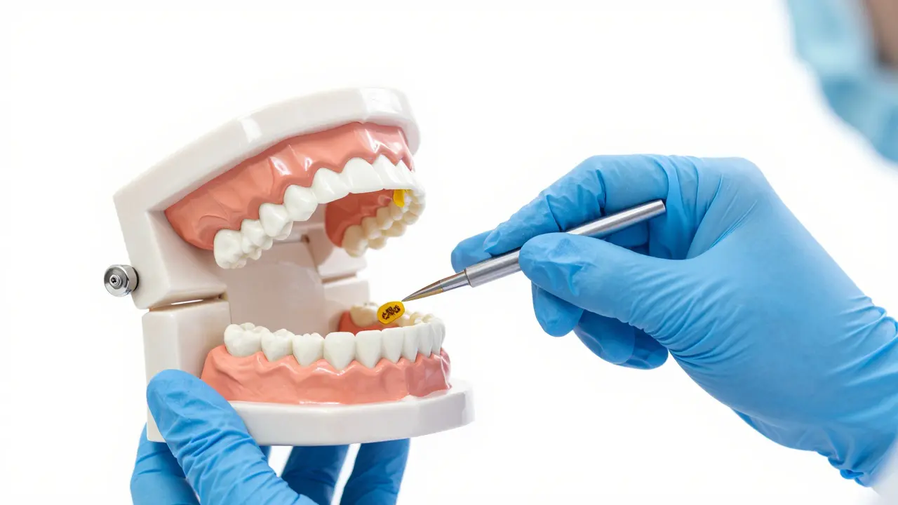 Zubní lékař ukazuje na model zubů s poškozeným emailem způsobeným kurkuminem.