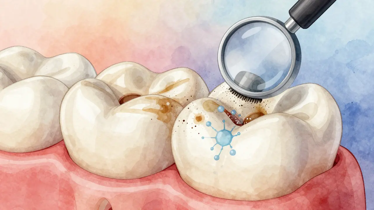 Zvětšený řez zubem ukazující povrchové skvrny a chemické i mechanické procesy bělení.