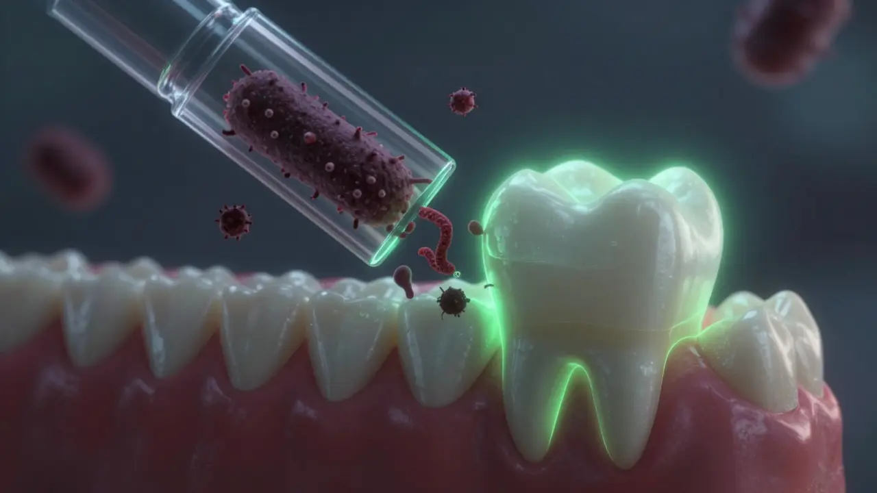 A tooth with healing light surrounding its gumline as harmful bacteria and tartar are being removed.