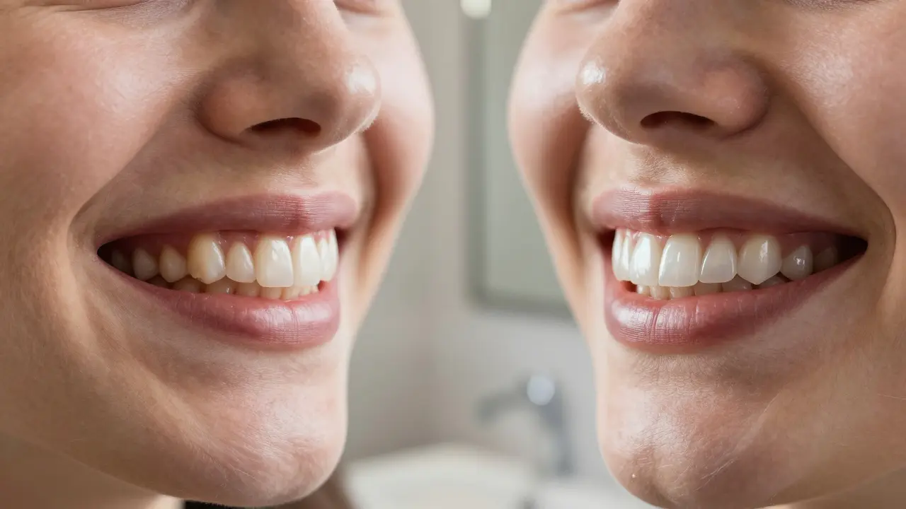 Before and after view of natural teeth transformed by ceramic veneers in one smile.