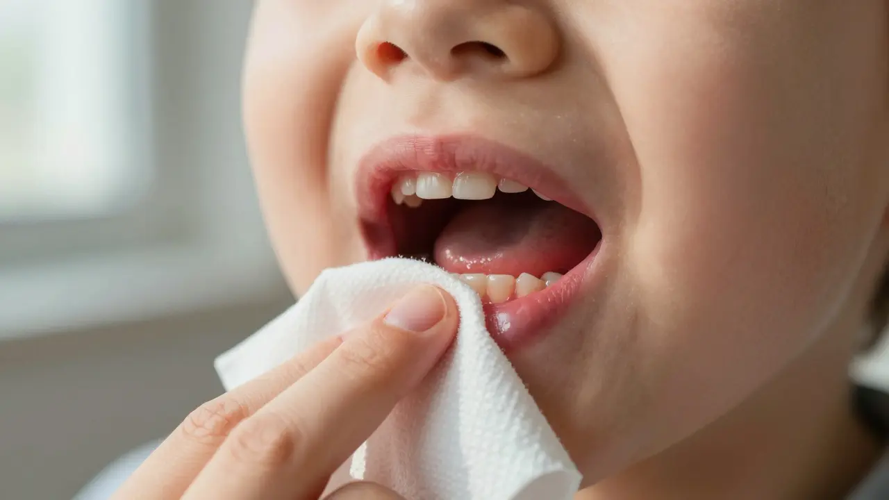 Blízký pohled na dětské dásně s prvními vyrůstajícími zuby a jemně přiloženým mokrým hadříkem.