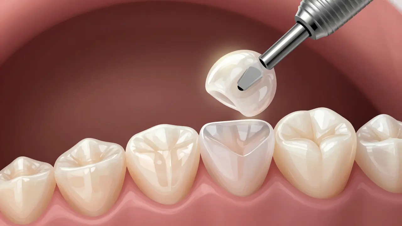 Close-up of a tooth being prepared for a ceramic veneer with minimal enamel removal.