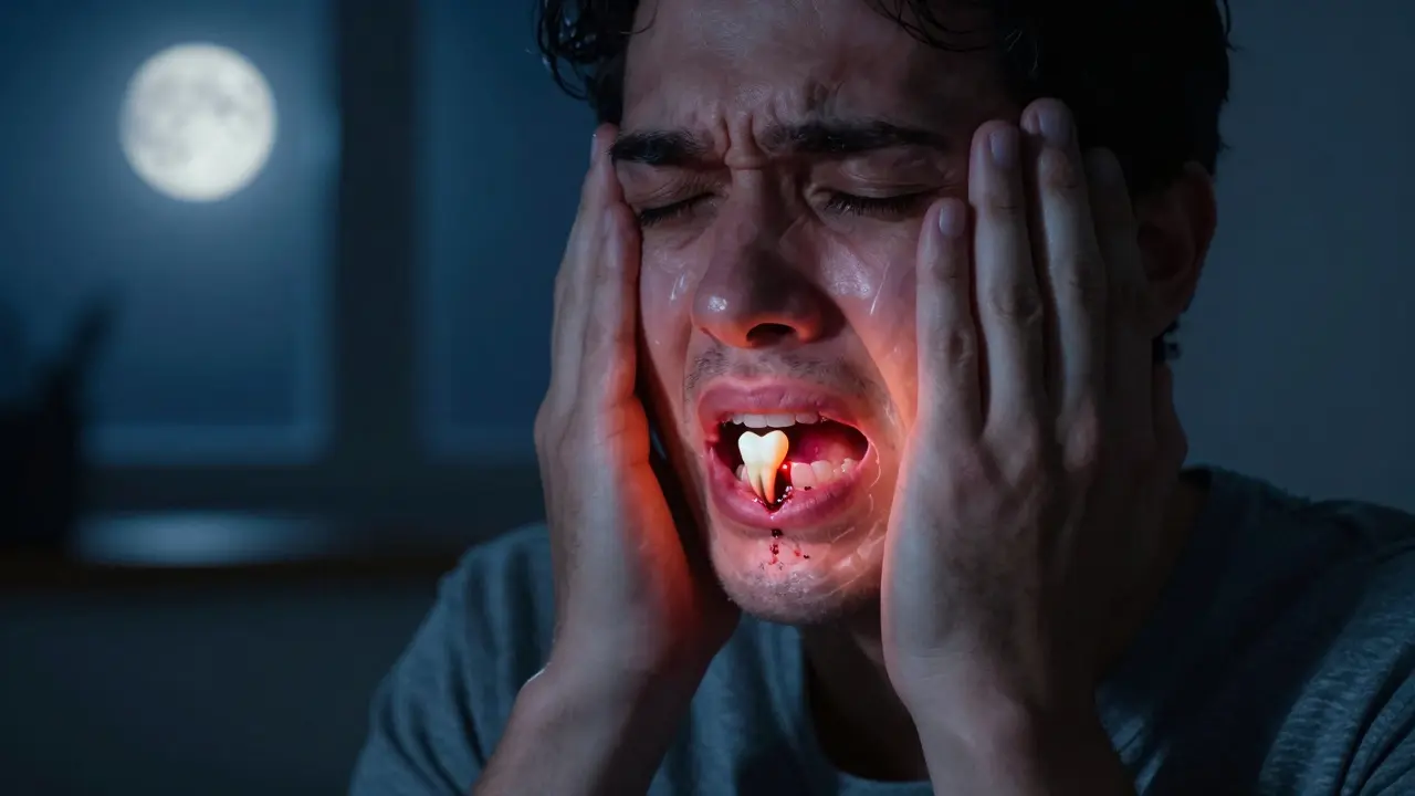 Člověk držící si tvář v bolesti večer, s přehledem infekce šířící se z předního zubu do okolních tkání.
