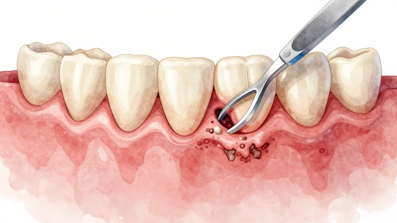 Cross-section of a jaw showing inflamed gum tissue being cleaned from beneath the gumline by a dental instrument.
