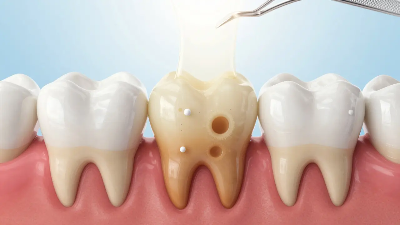 Cross-section of a tooth showing pigment breakdown in enamel during professional whitening process.