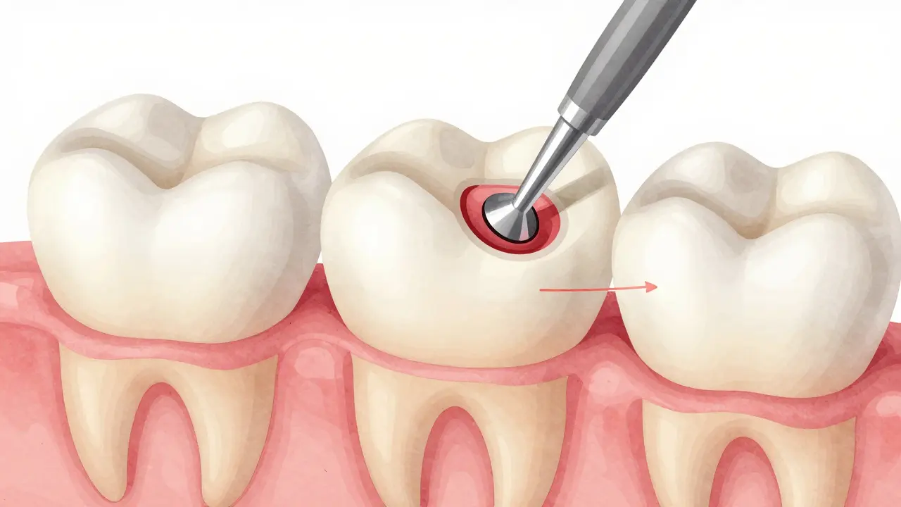 Cross-section of a tooth showing the thin enamel layer being precisely removed during polishing.
