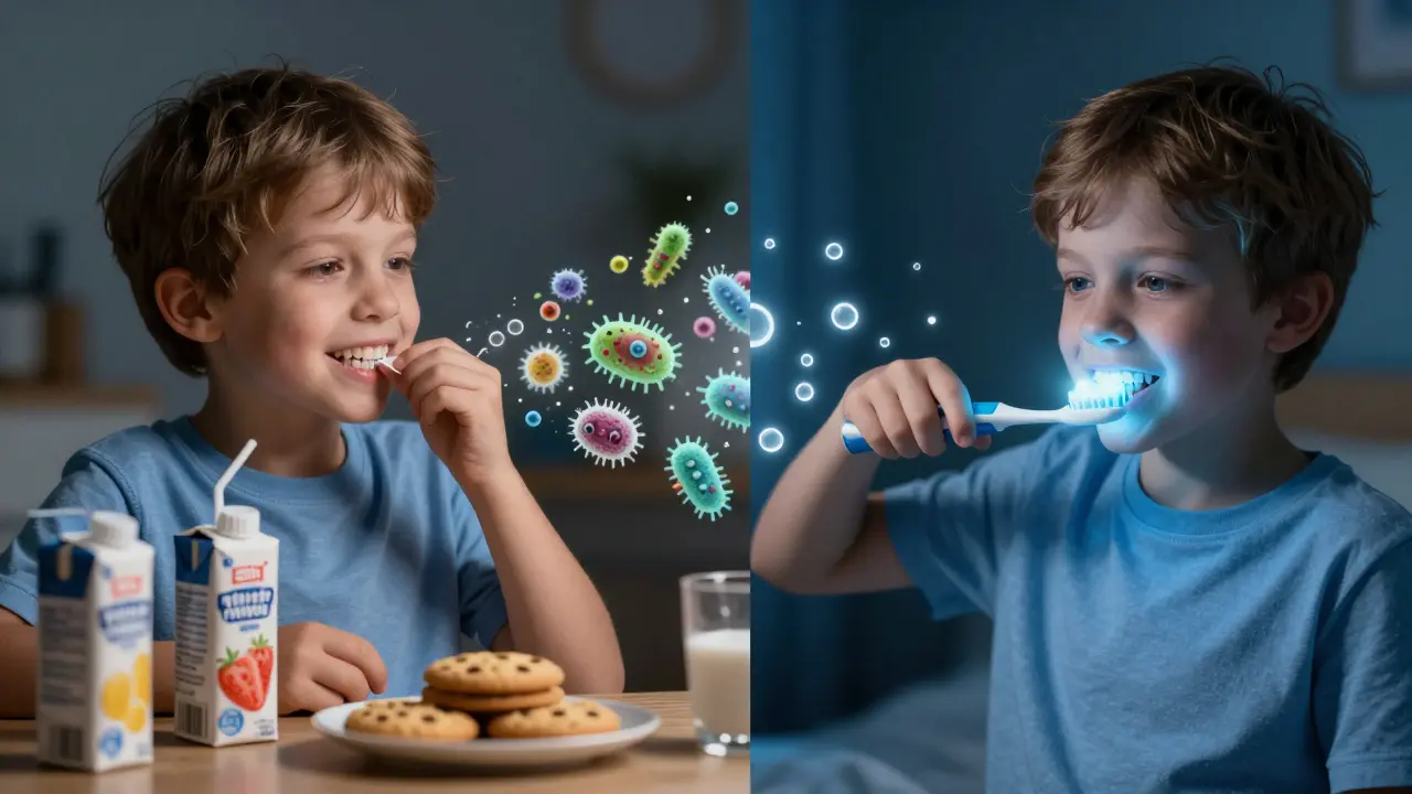 Dvě strany: jedna ukazuje sladké jídlo před spaním, druhá čištění zubů s fluoridem.