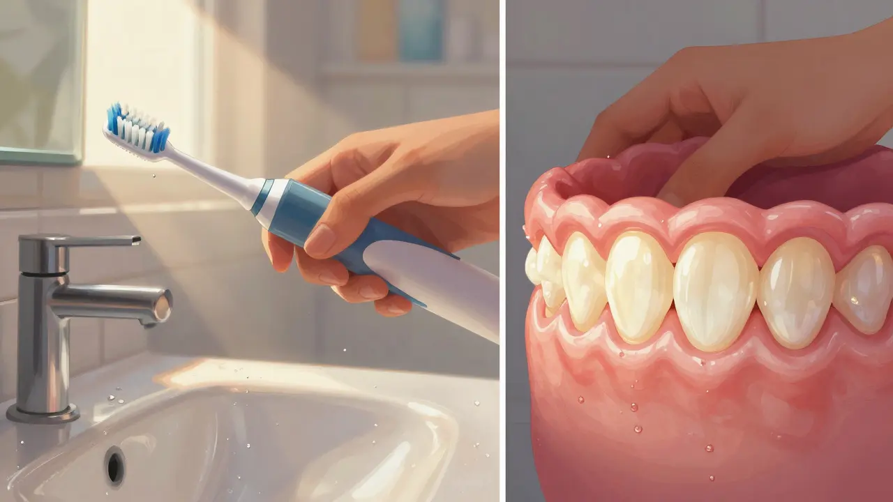 Elektrický kartáček s pohybujícími se štětinami čistí zuby mechanickým třením.