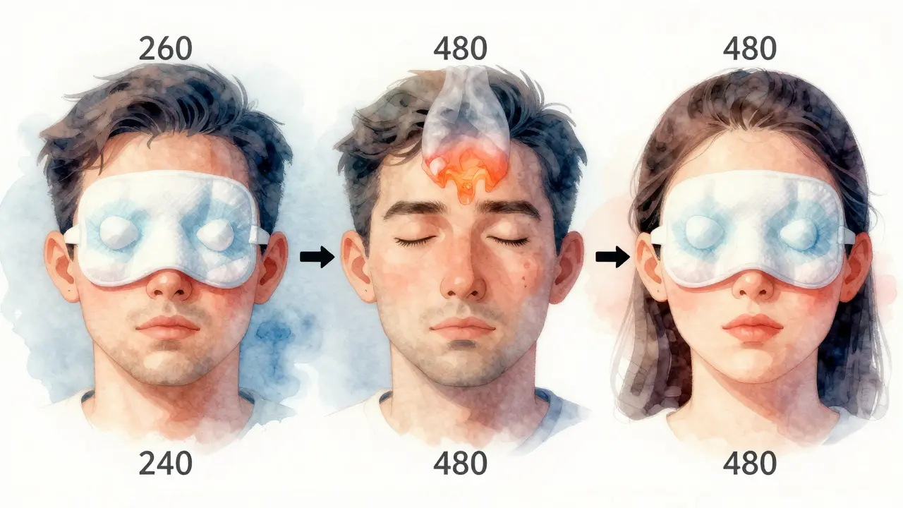 Ilustrace postupného hojení po vytržení zubu: studený obklad, vrchol otoku a teplý obklad.