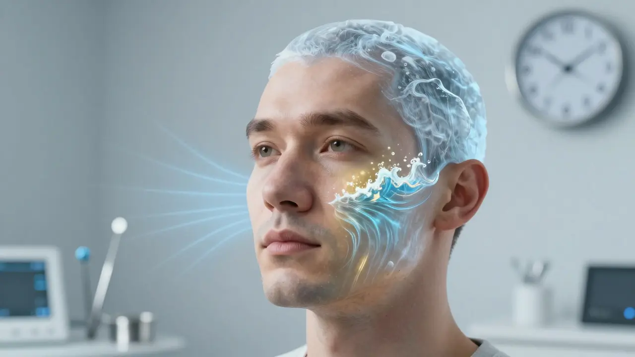 Konceptuální obraz tváře s přechodem studeného a teplého světla symbolizujícím léčbu otoku.