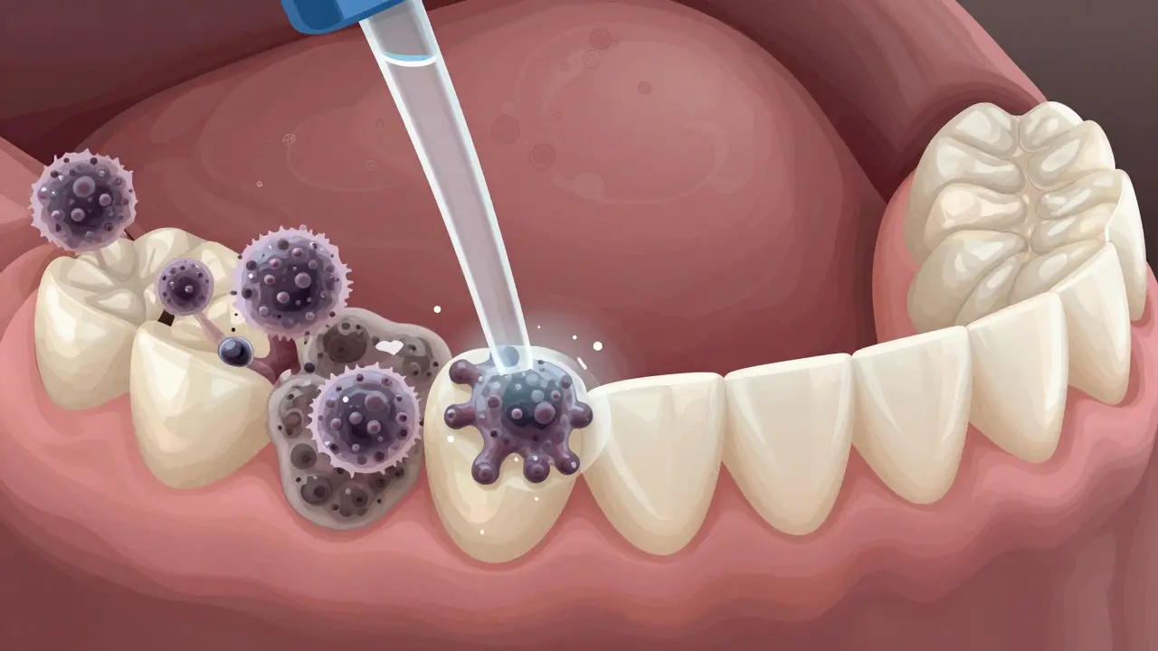 Mikroskopický pohled na plísně a nánosy na povrchu nasazovacích zubů a jejich čištění čisticí roztokem.