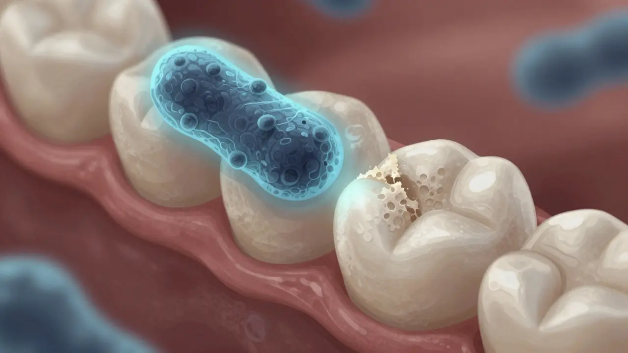 Mikroskopický pohled na rozpadající se sklovinu zubu s bakteriálním plakem.