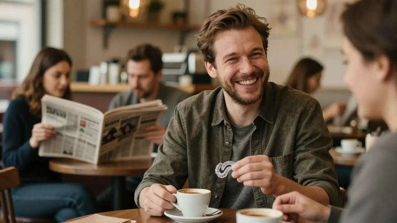 Muž se směje v kavárně s odstraněnými transparentními rovnátky na stole, vypadá přirozeně a šťastně.